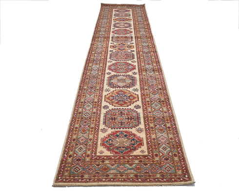 12 Feet Beige Kazak Afghan Hand Knotted Wool Runner Rug